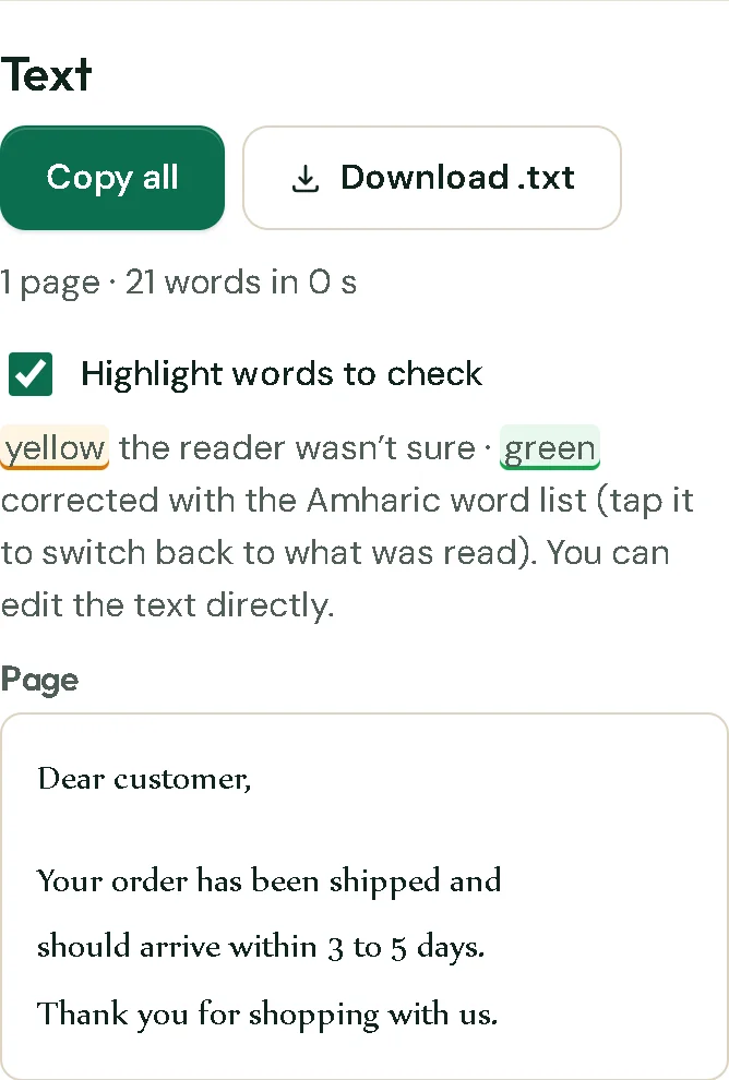 The text read from the photo, ready to copy